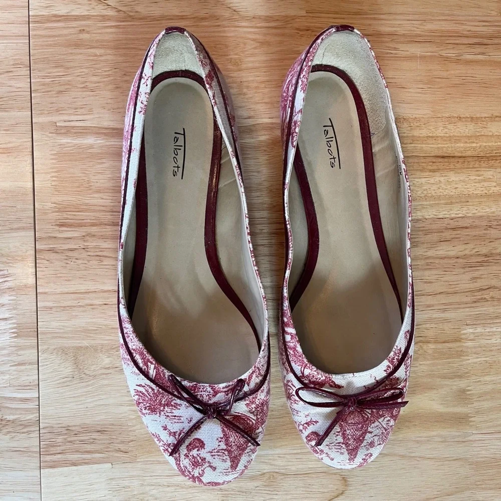Talbots Red Cream Toile Canvas Ballet Flats Round Toe Bow Shoes Womens 10M